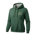 Front view of a green camping hoodie on a plain background.
