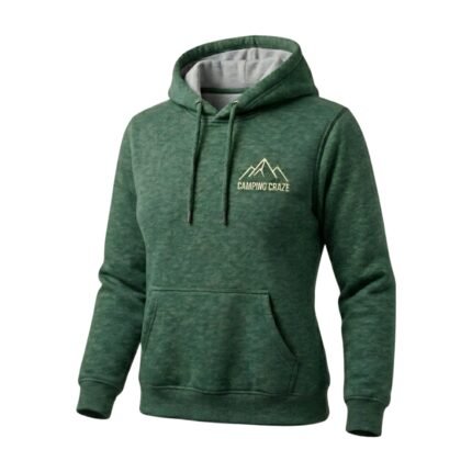 Front view of a green camping hoodie on a plain background.