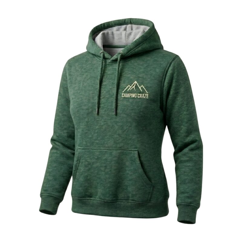 Front view of a green camping hoodie on a plain background.