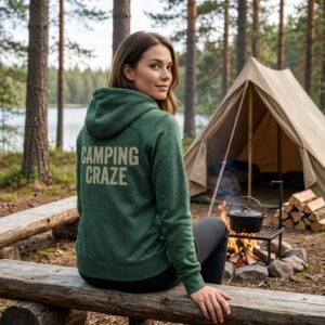 Model wearing a camping hoodie while sitting at a campsite.