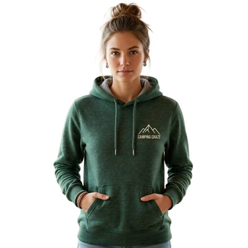 Front view of a model wearing a camping hoodie.