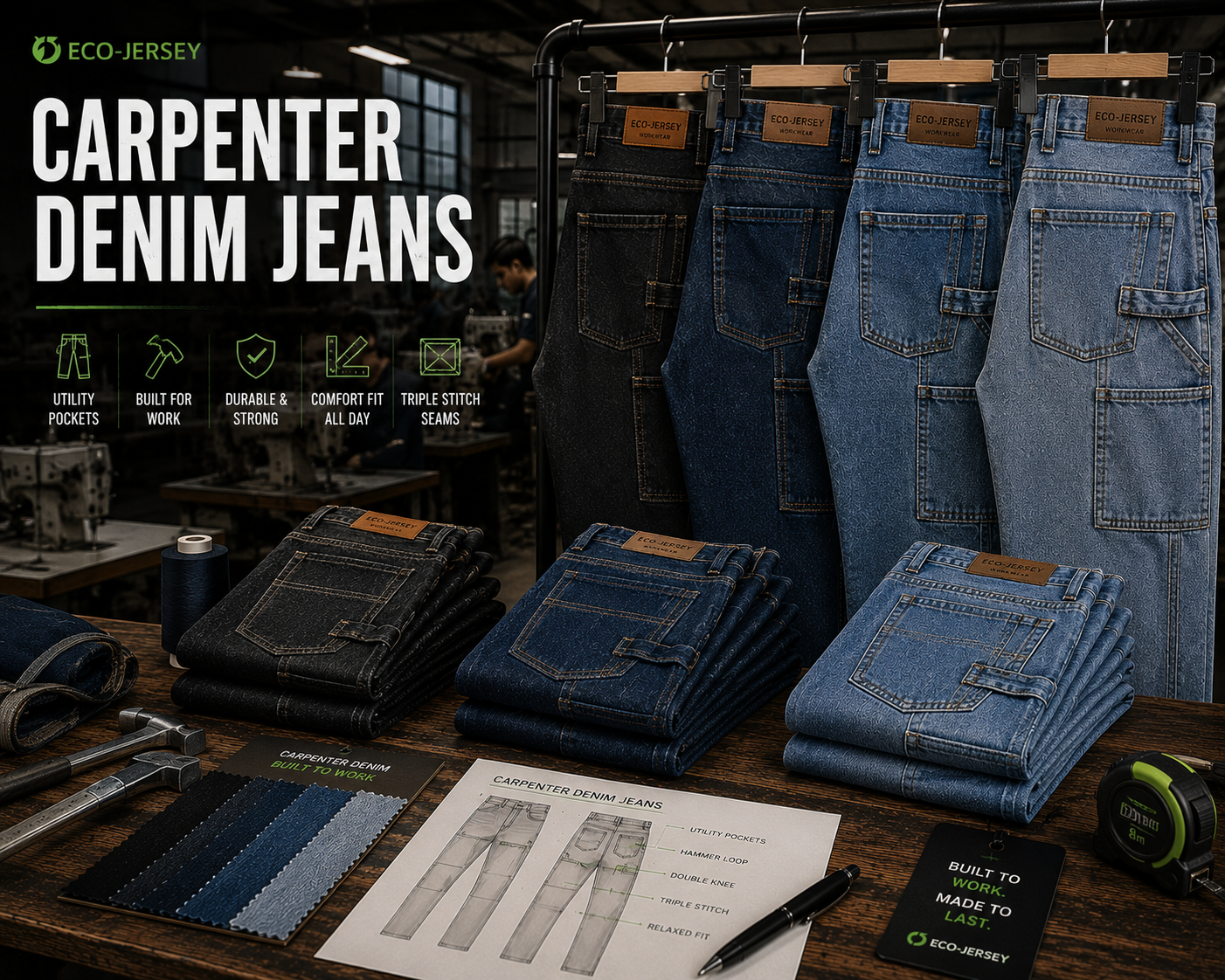 Custom carpenter denim jeans with tool loops and multiple pockets for workwear, manufactured by Eco Jersey Limited