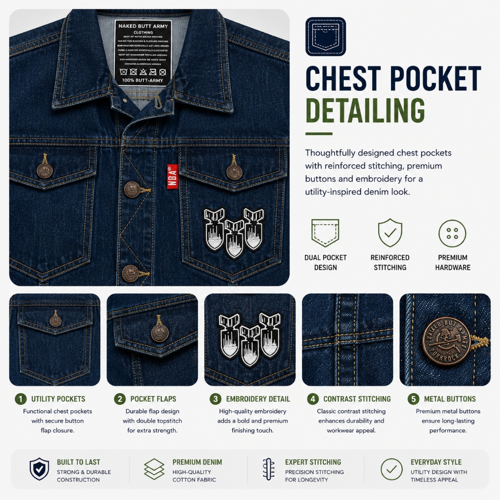 Chest pocket detailing collage of a custom denim vest, featuring close-up shots of utility pockets, pocket flaps, embroidery detail, contrast stitching, and metal buttons, with feature highlights including dual pocket design, reinforced stitching, and premium hardware, plus brand quality icons for built to last, premium denim, expert stitching, and everyday style