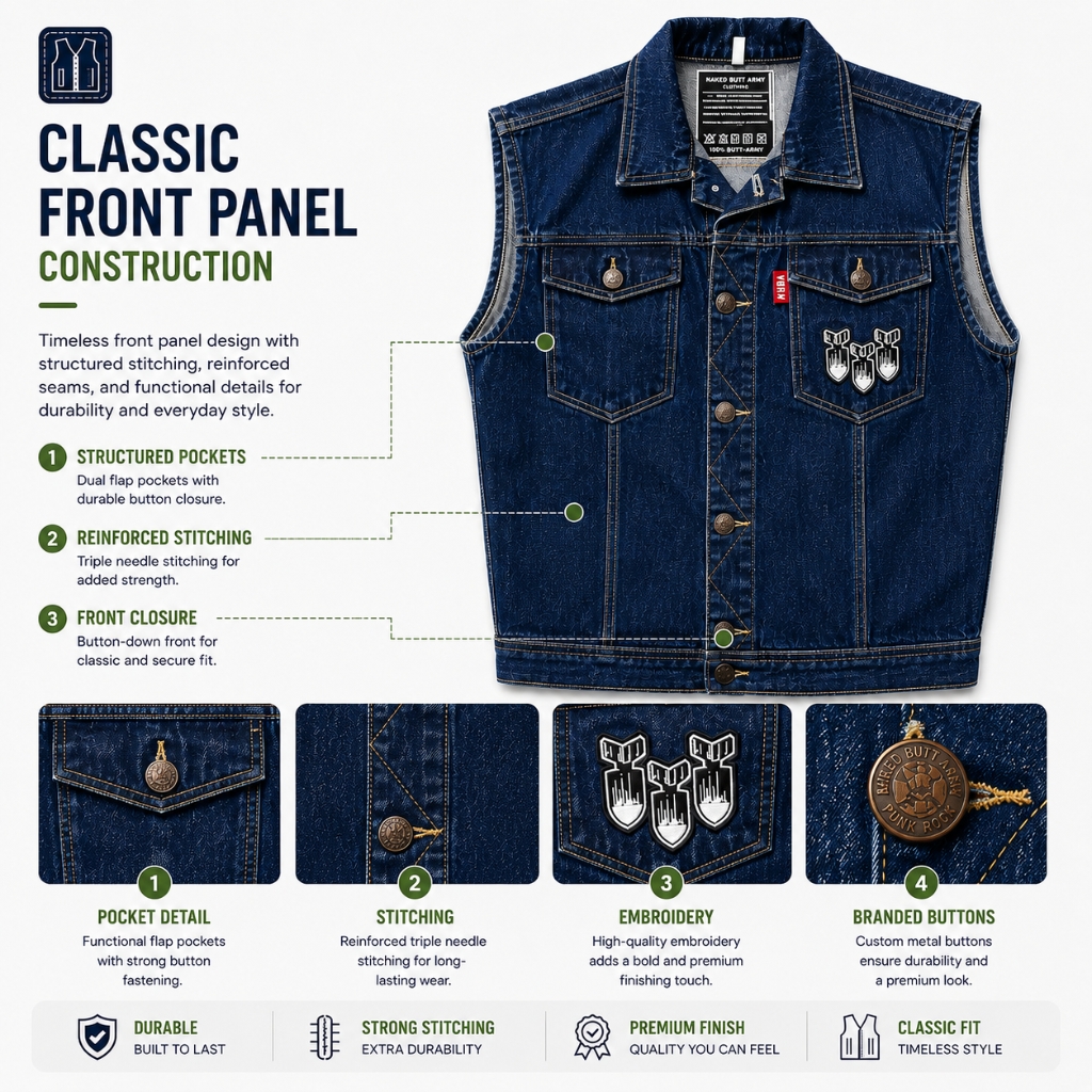 Classic front panel construction infographic of a custom denim vest, featuring annotated front view with callouts for structured pockets with dual flap and button closure, reinforced triple needle stitching, and front button-down closure, along with close-up shots of pocket detail, stitching, high-quality embroidery, and branded metal buttons, with quality badges for durable, strong stitching, premium finish, and classic fit