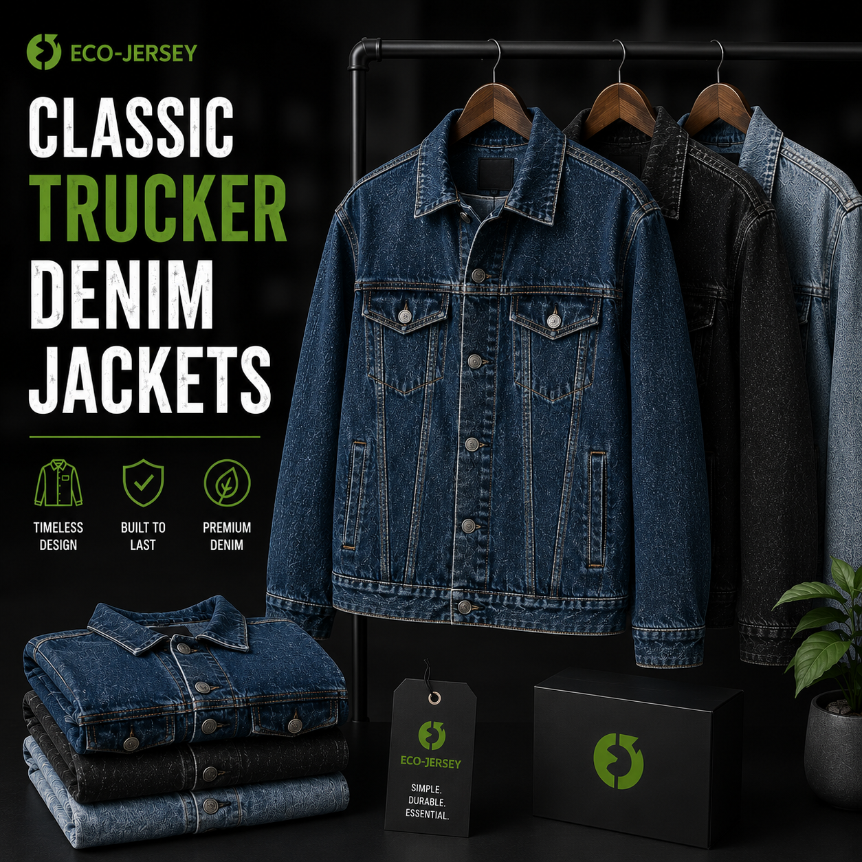 Custom classic trucker denim jackets with traditional button-front design, manufactured by Eco Jersey Limited