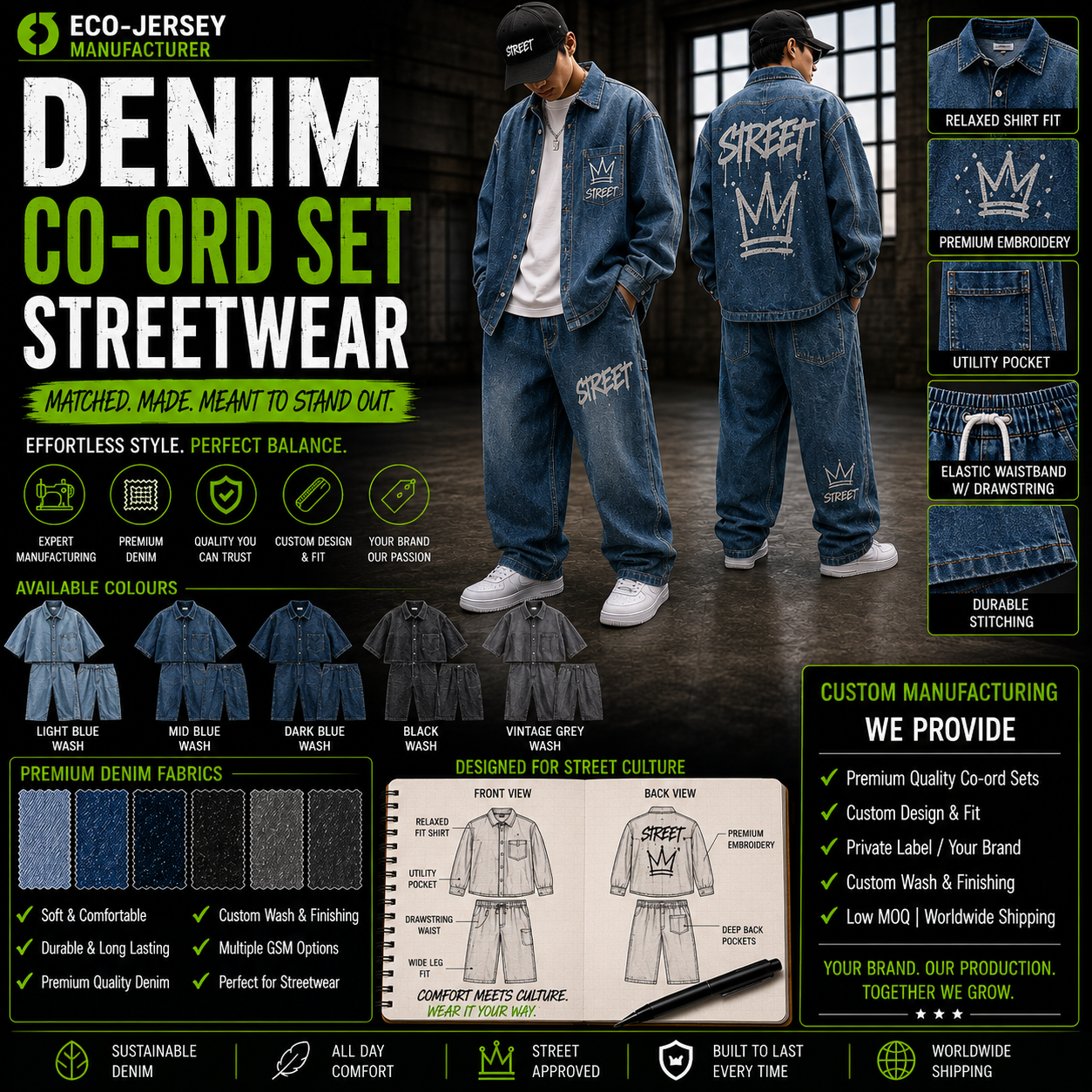 Custom co-ord denim streetwear matching set with jacket and pants for coordinated urban fashion, manufactured by Eco Jersey Limited