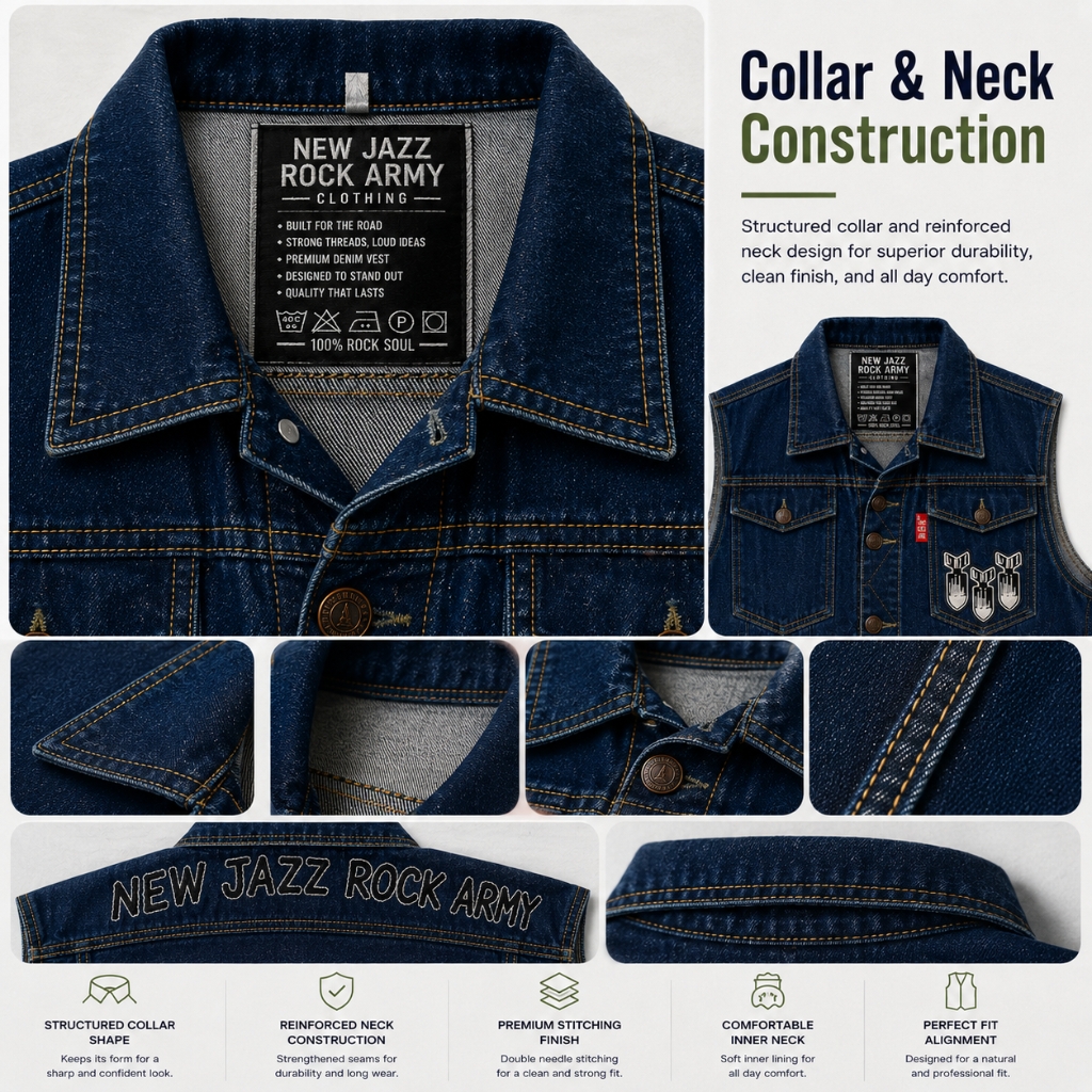 Detail collage of collar and neck construction on a 'New Jazz Rock Army' custom denim vest, showcasing structured collar shape, reinforced neck construction, premium stitching finish, comfortable inner neck lining, and perfect fit alignment, with multiple close-up shots highlighting quality craftsmanship