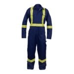 Front view of men’s navy industrial coveralls with collar, long sleeves, and full-length legs.