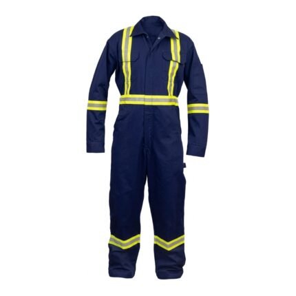 Front view of men’s navy industrial coveralls with collar, long sleeves, and full-length legs.