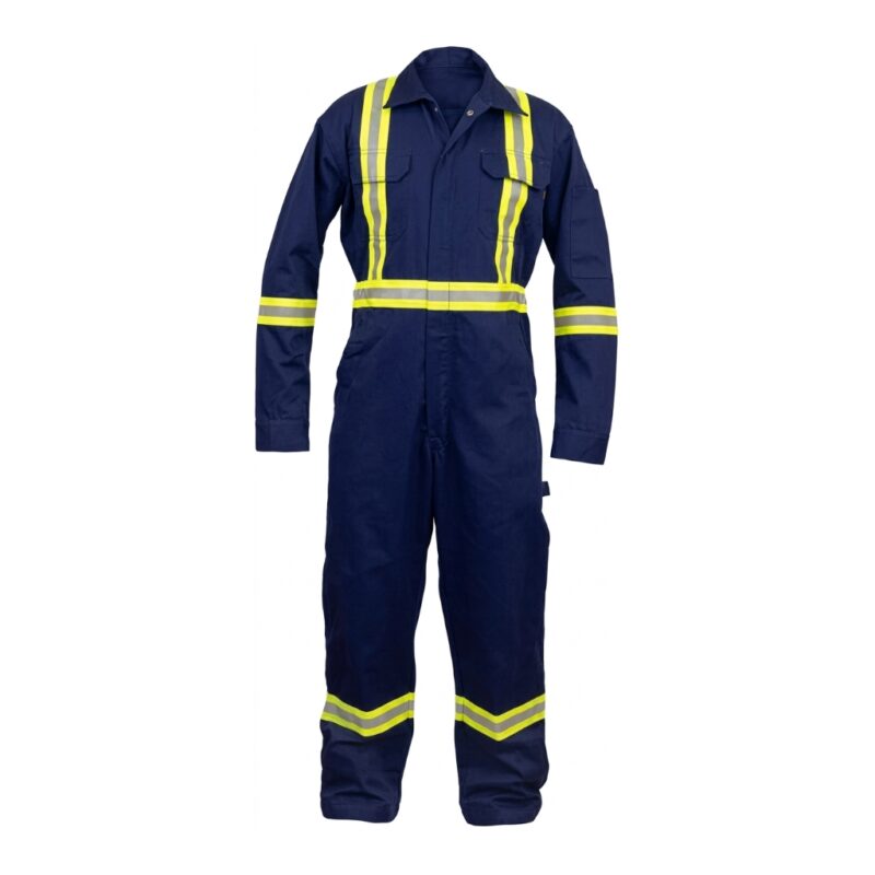 Front view of men’s navy industrial coveralls with collar, long sleeves, and full-length legs.