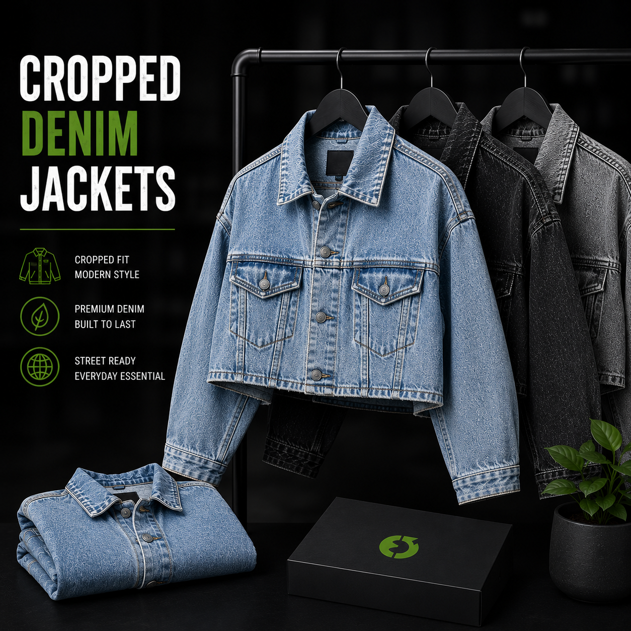 Custom cropped denim jackets with trendy short-length design for fashion brands, manufactured by Eco Jersey Limited