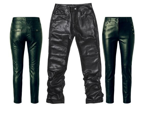 Front and back view of different leather pants