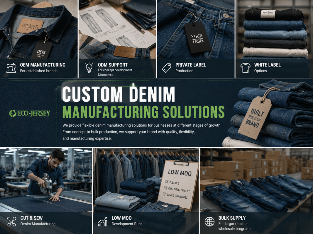 Custom denim manufacturing solutions by Eco Jersey including OEM manufacturing, ODM support, private label, and white label production for brands
