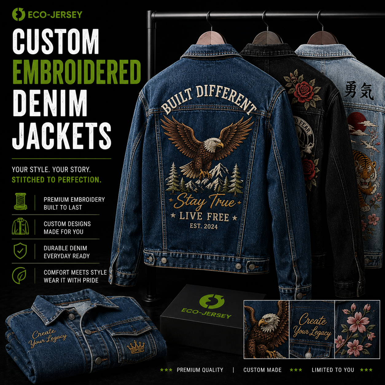 Custom embroidered denim jackets with personalized logo and design services, manufactured by Eco Jersey Limited
