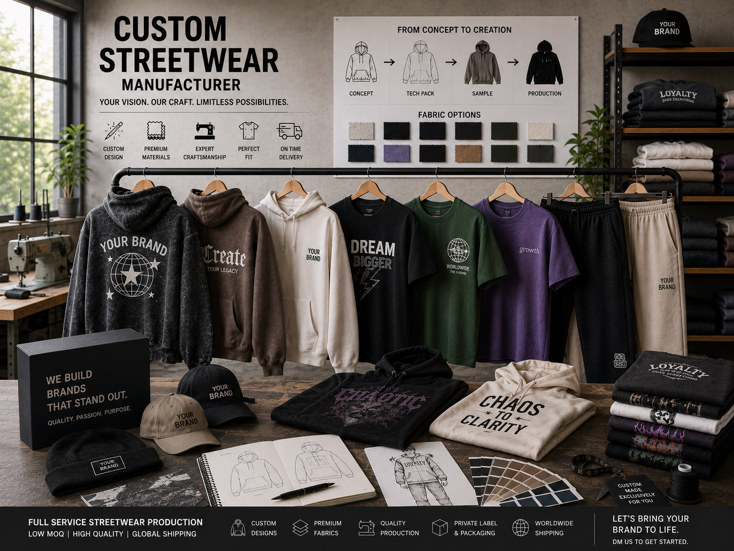 Custom streetwear manufacturer hero banner showcasing Eco Jersey Limited's B2B streetwear production capabilities for global fashion brands