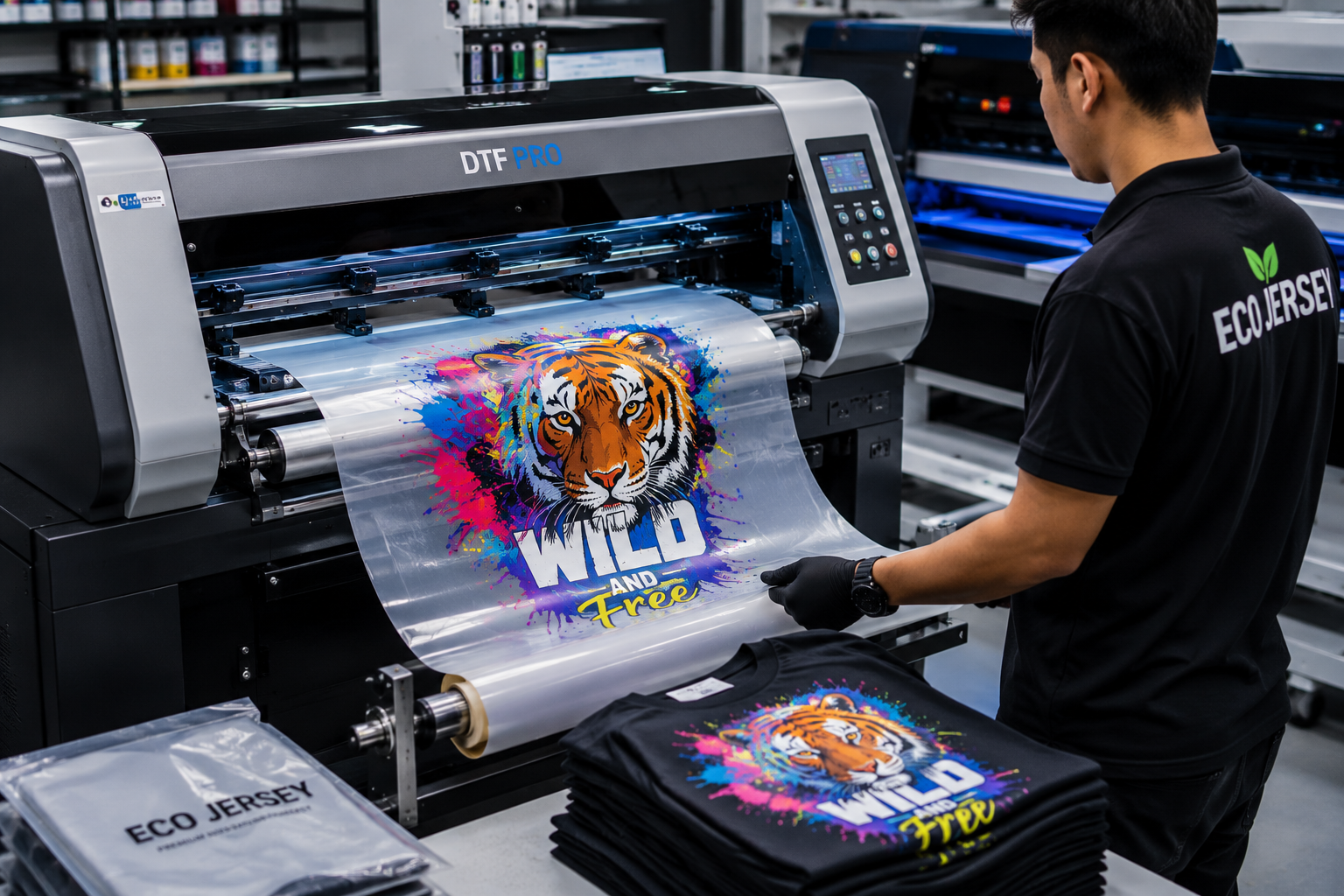 DTF (Direct to Film) printing in action at Eco Jersey showing the transfer film printing and powdering process for durable and high-detail custom apparel branding for various garment types and colors