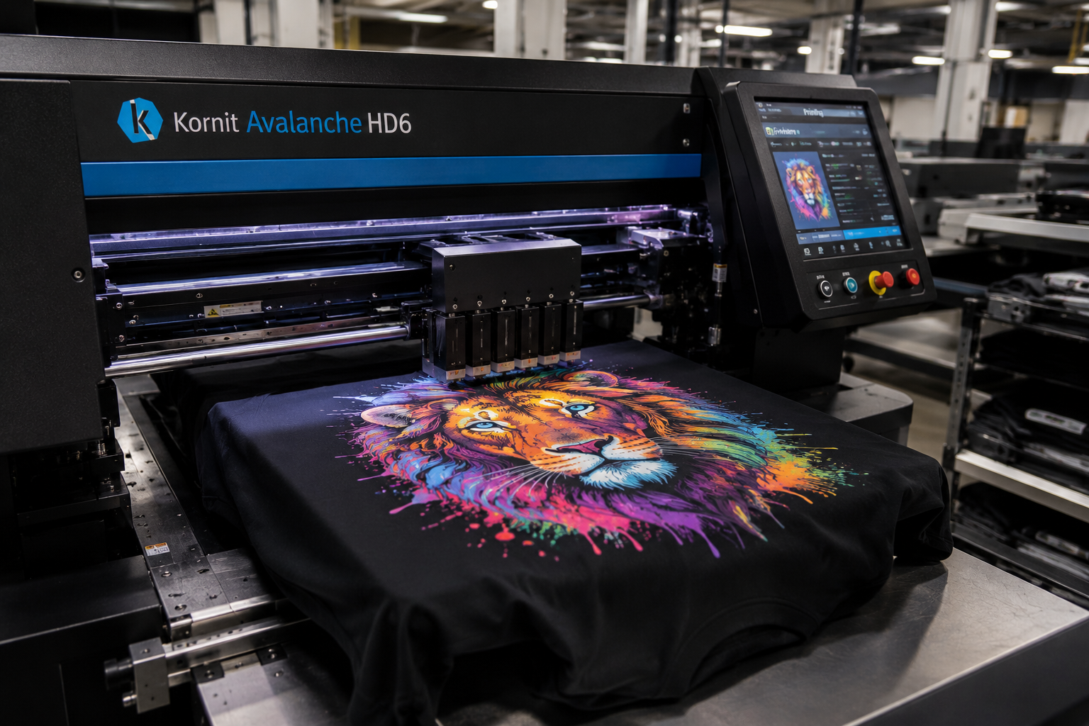 DTG (Direct to Garment) digital printer at Eco Jersey printing a custom colorful design directly onto a black t-shirt with high precision and vibrant color for on-demand and short-run custom apparel manufacturing