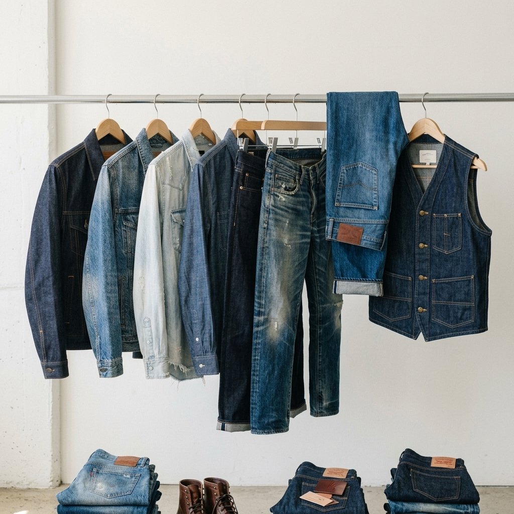 eco jersey Denim apparel portfolio image showing pants, vest, jackets etc...