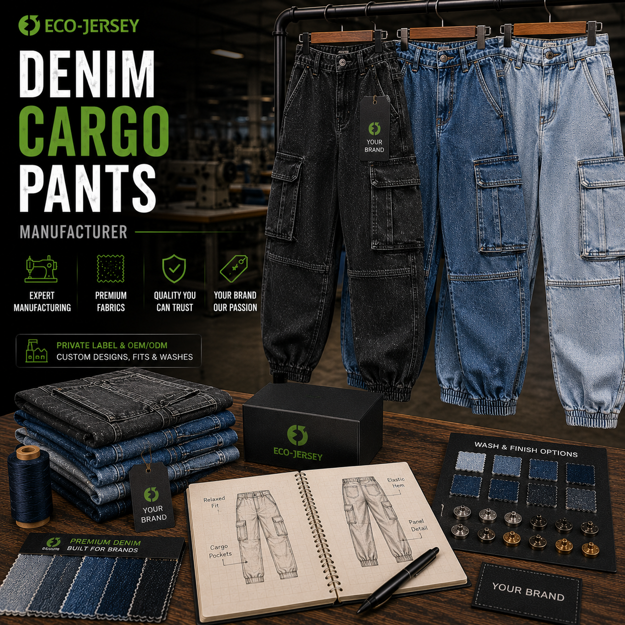 Custom denim cargo pants with multiple utility pockets for streetwear and urban fashion brands, manufactured by Eco Jersey Limited