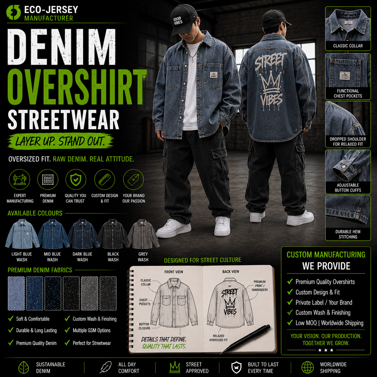 Custom denim overshirt streetwear with relaxed open-front style for urban fashion and street culture, manufactured by Eco Jersey Limited
