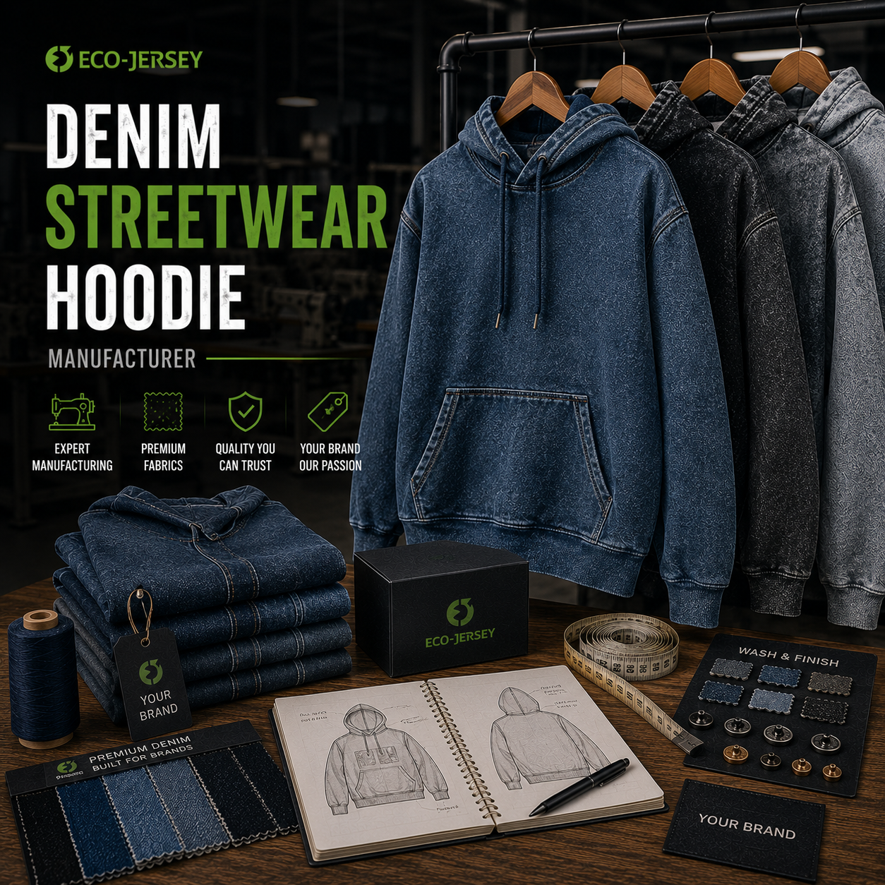 Custom denim streetwear hoodie with bold urban design and premium denim fabric, manufactured by Eco Jersey Limited