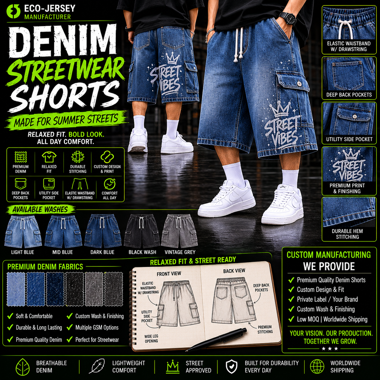 Custom denim streetwear shorts with trendy urban cut and premium denim fabric, manufactured by Eco Jersey Limited