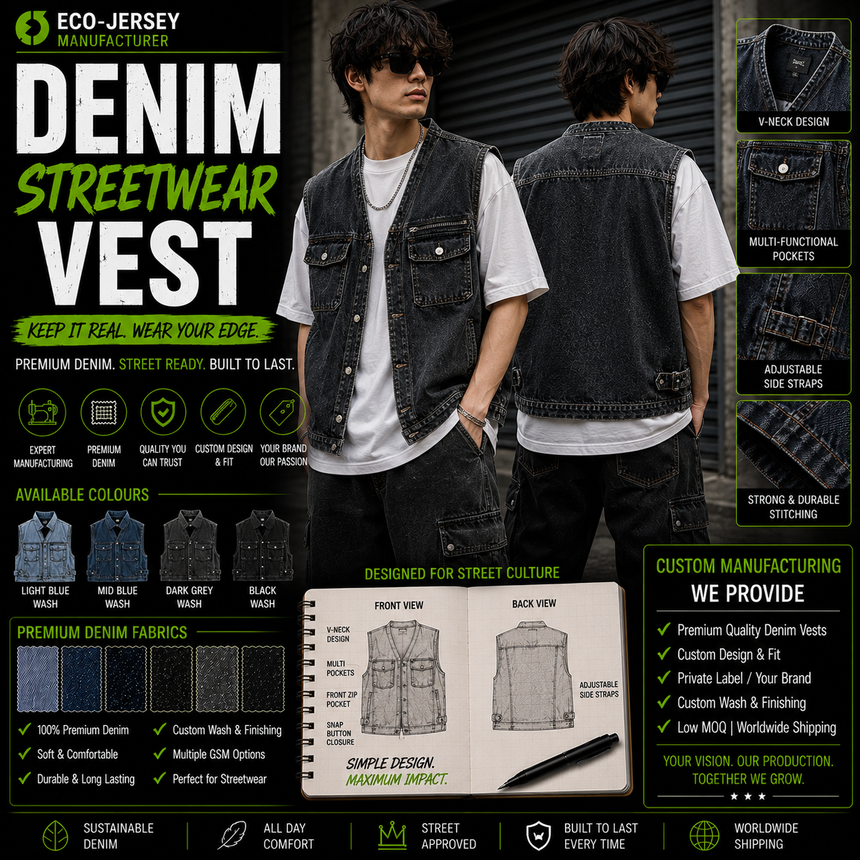 Custom denim streetwear vest with urban street style design and premium denim construction, manufactured by Eco Jersey Limited