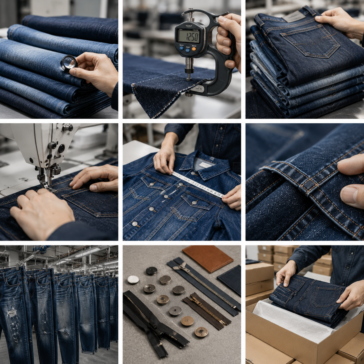 Denim quality check process at Eco Jersey from start to finish including fabric inspection, thickness gauge testing, seam stitching, measurements, and seam quality control