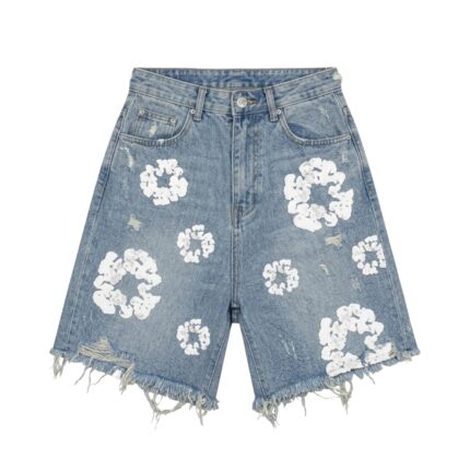 Assorted distressed denim shorts in multiple washes arranged side by side.