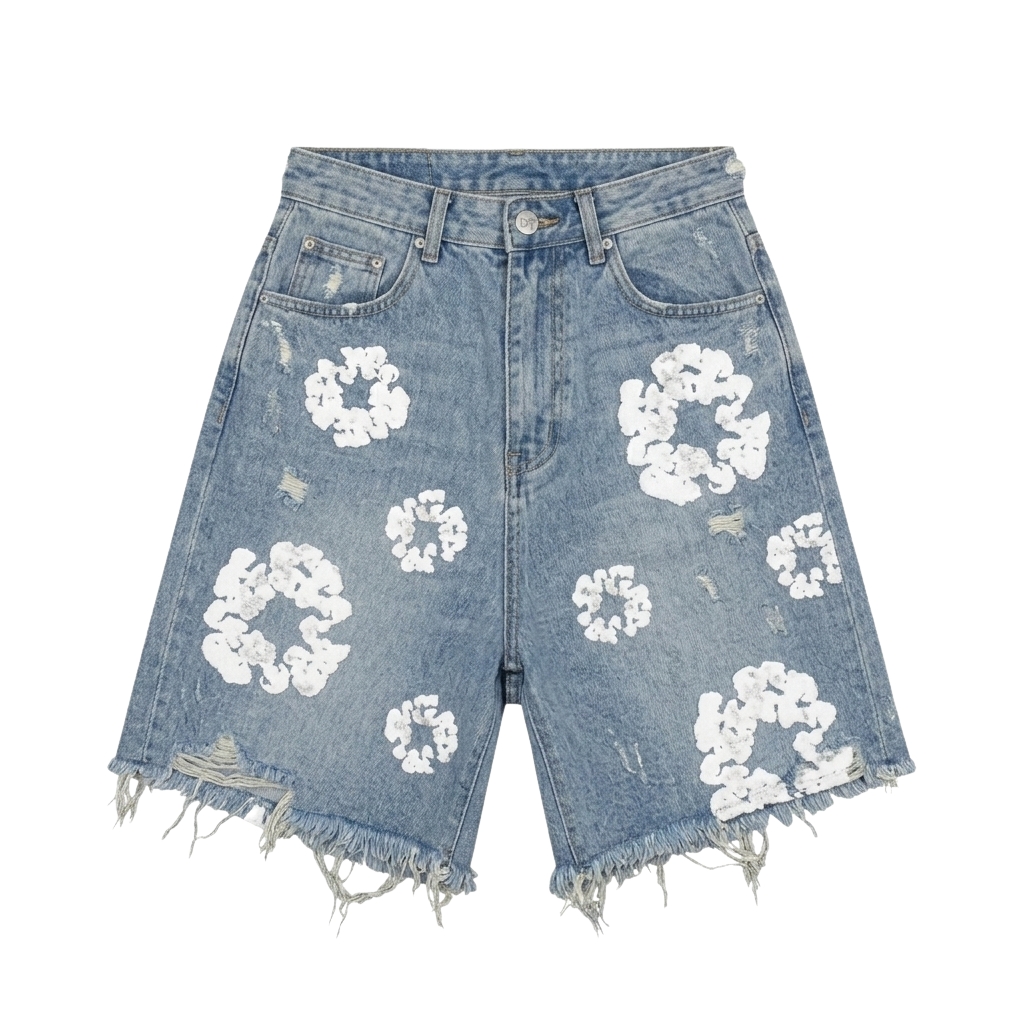 Denim tears short Assorted distressed denim shorts in multiple washes arranged side by side.