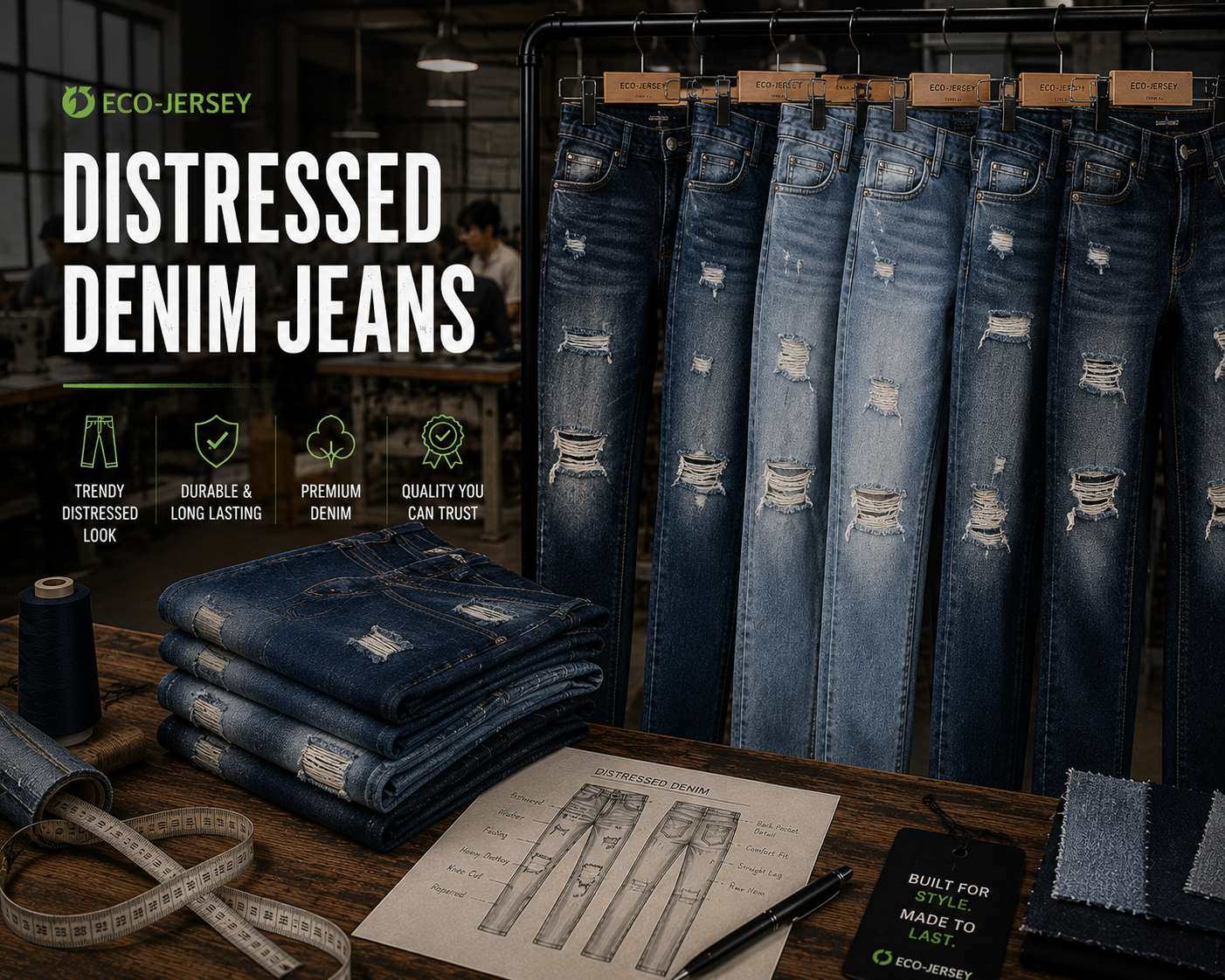 Custom distressed denim jeans with vintage worn-in aesthetic for fashion-forward wholesale orders, manufactured by Eco Jersey Limited