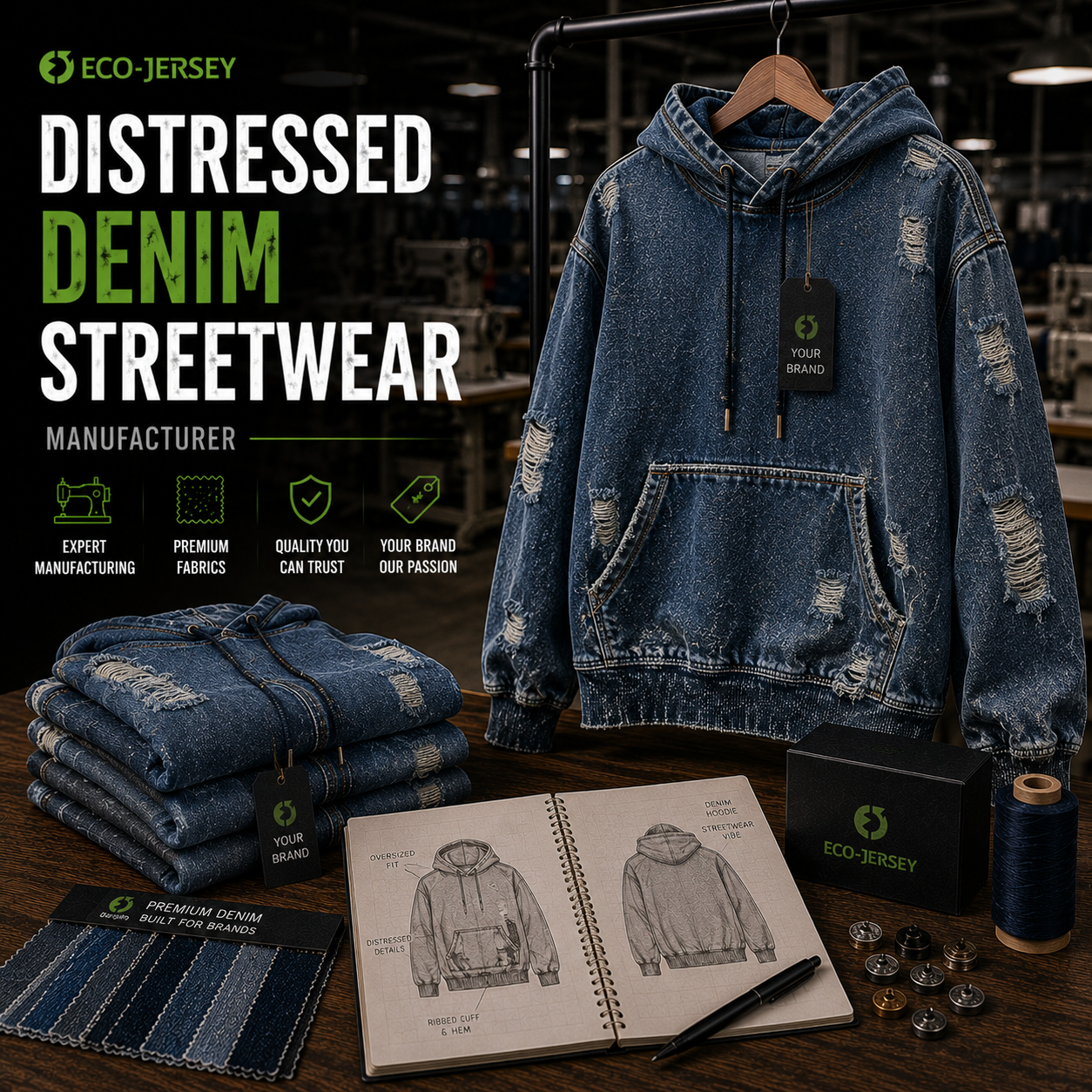 Custom distressed denim streetwear apparel with worn-in vintage look for urban street fashion brands, manufactured by Eco Jersey Limited