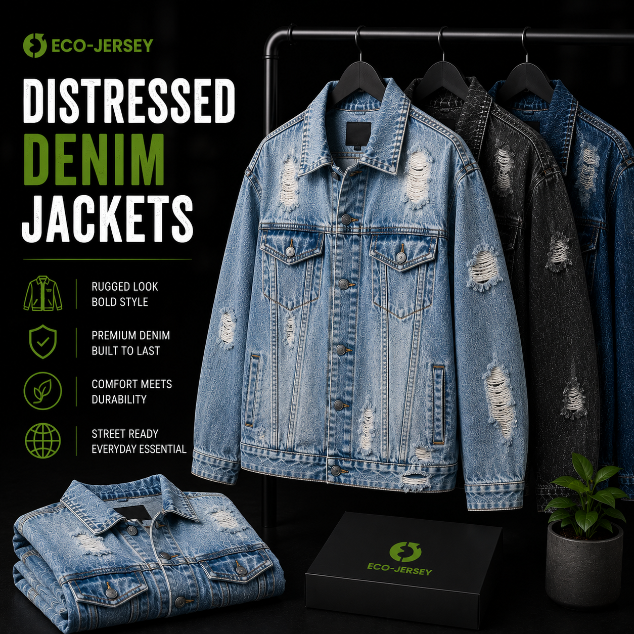 Custom distressed denim jackets with vintage worn-in look for streetwear fashion brands, manufactured by Eco Jersey Limited