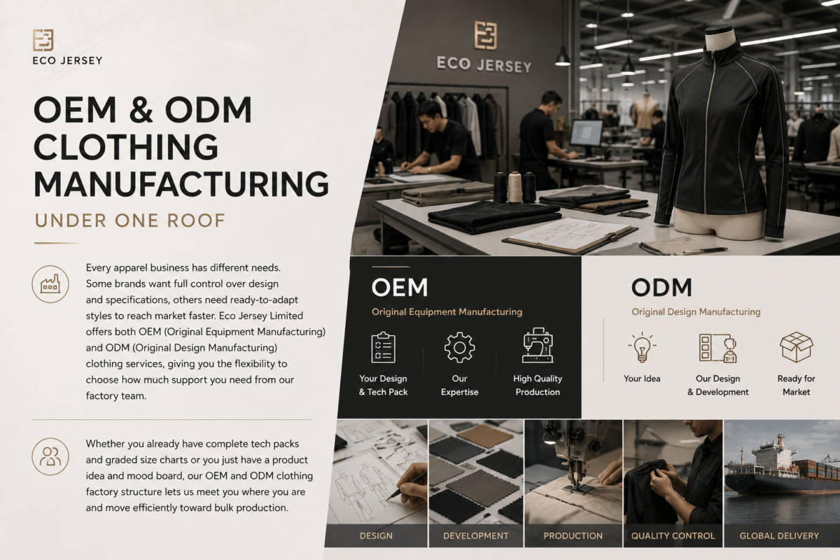 Eco Jersey OEM and ODM clothing manufacturing overview infographic showing the full process from design and development to production, quality control, and global delivery