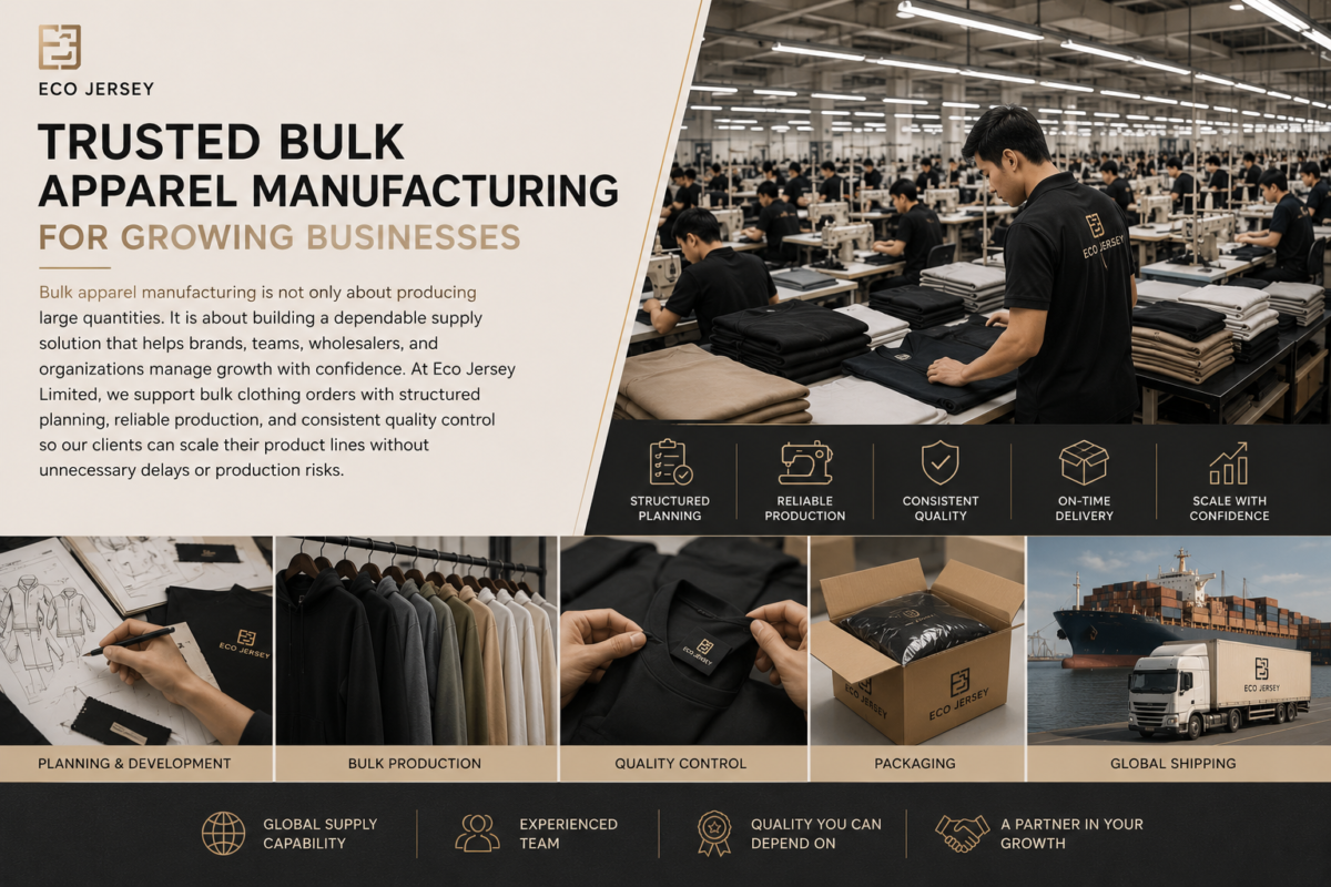 Eco Jersey trusted bulk apparel manufacturing brochure for growing businesses showing large-scale garment factory, planning, bulk production, quality control, packaging, and global shipping