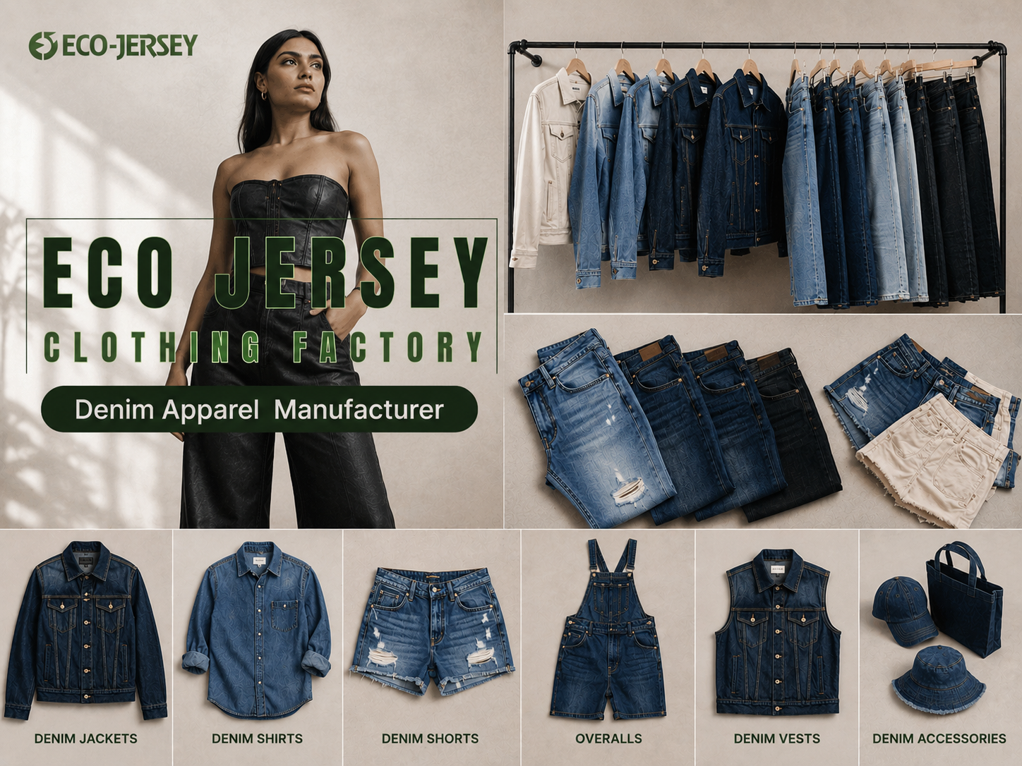 Eco Jersey denim apparel manufacturer showcasing denim jackets, jeans, shirts, shorts, and overalls for B2B brands and private label buyers