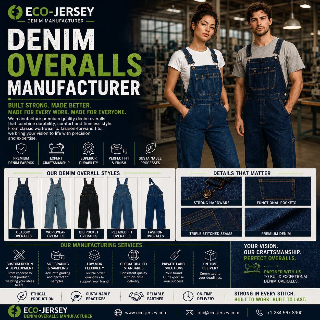 Eco Jersey premium denim overalls manufacturing range – custom denim overalls for your brand