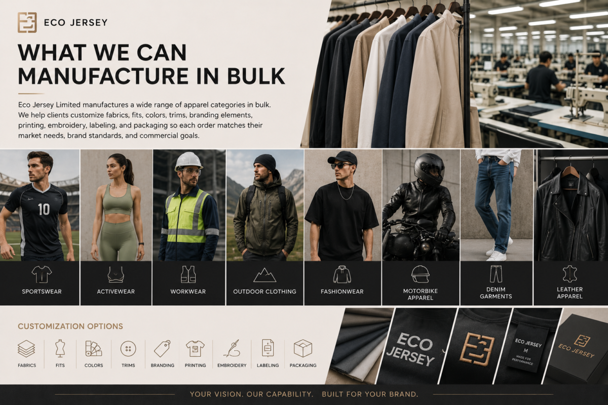 Eco Jersey quality garment manufacturing solutions infographic showing bulk apparel categories including sportswear, activewear, workwear, outdoor clothing, fashionwear, motorbike apparel, denim garments, and leather apparel with full customization options