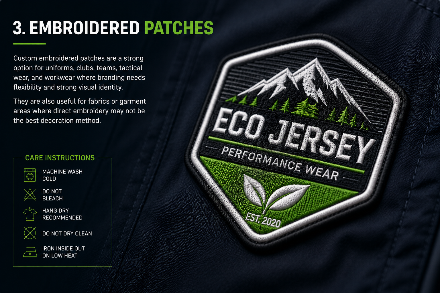 Custom embroidered patches for performance wear at Eco Jersey showing a hexagonal Eco Jersey Performance Wear patch with mountain and forest design on a navy blue garment for branding uniforms, clubs, and workwear
