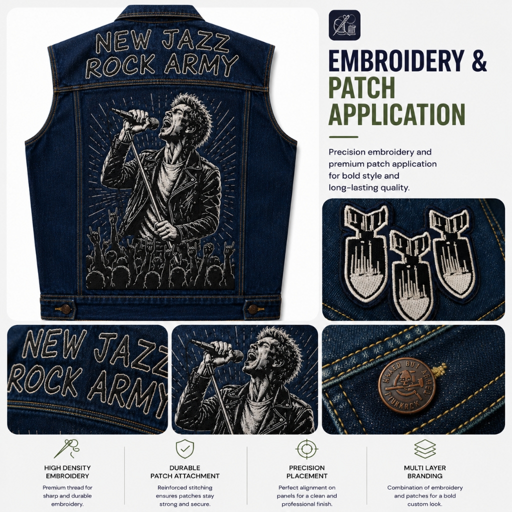 Embroidery and patch application detail collage of a 'New Jazz Rock Army' custom denim vest, showcasing precision embroidery with rock singer graphic on the back, premium patch designs, close-up shots of lettering embroidery, performer graphic, and branded coin patch, with feature highlights including high density embroidery, durable patch attachment, precision placement, and multi-layer branding