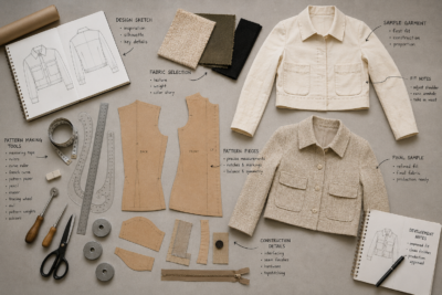 Image of pattern making tools, fabric pieces, and sample garments with annotations.