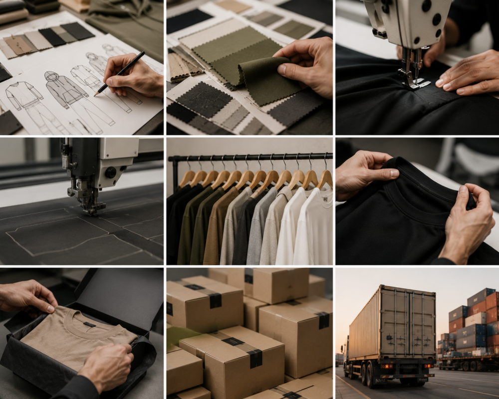 Fashion production process in steps — design sketching, fabric selection, sewing, cutting, quality inspection, packaging, and container shipping for private label apparel manufacturing