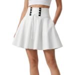 Model wearing white faux leather mini skirt