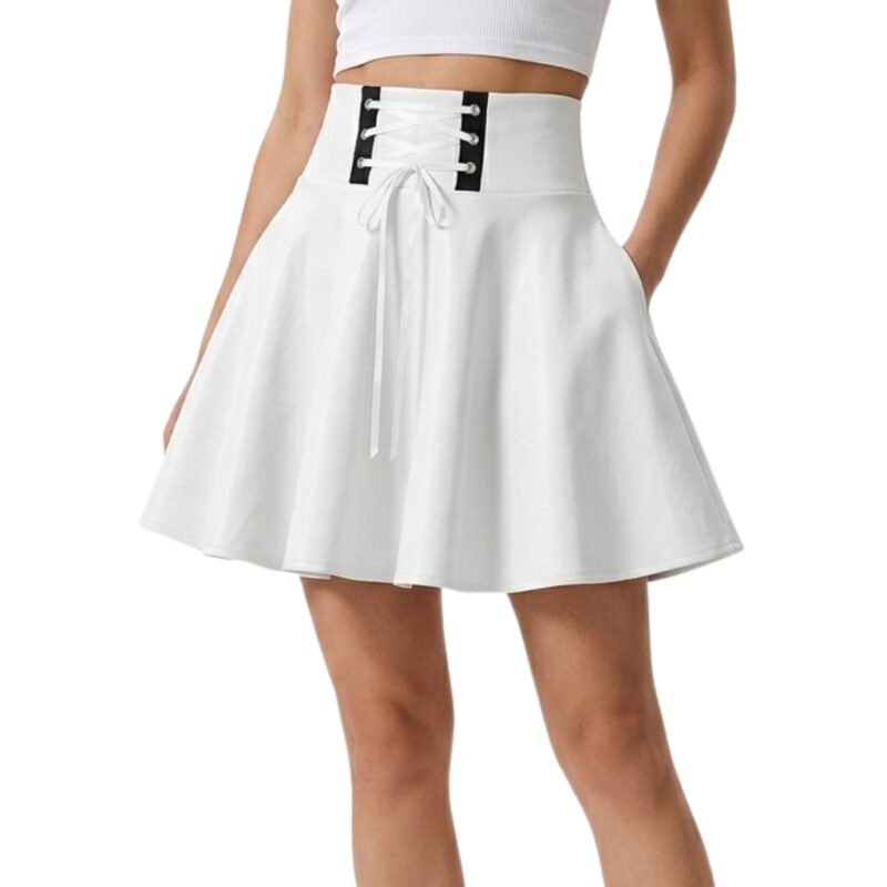 Model wearing white faux leather mini skirt