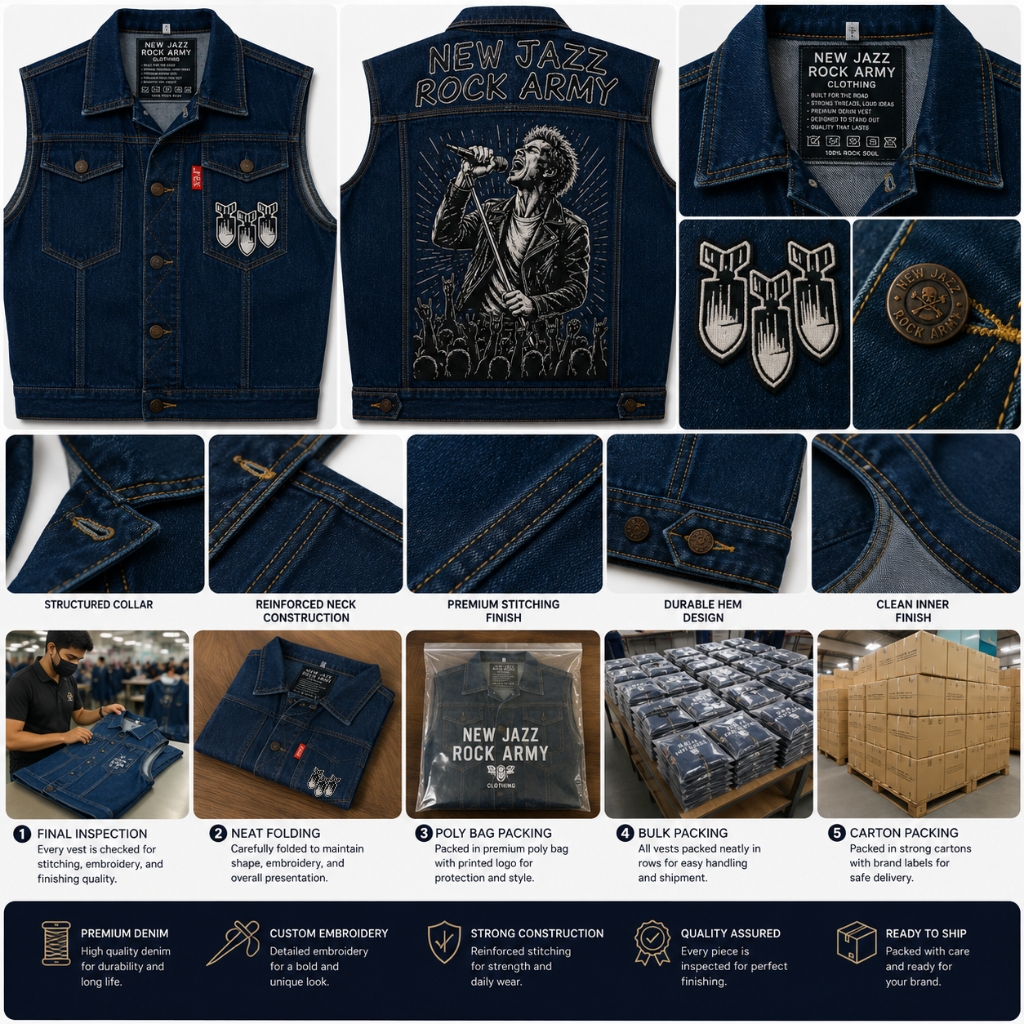 Product showcase collage of a custom 'New Jazz Rock Army' denim vest, displaying front and back views on a mannequin, close-up detail shots of structured collar, reinforced neck construction, premium stitching finish, durable hem design, and clean inner finish, along with packing process images including final inspection, neat folding, poly bag packing, bulk packing, and carton packing, plus brand feature highlights