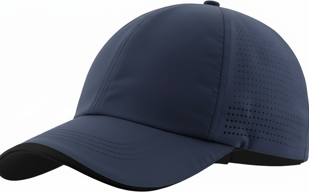 High‑quality golf cap shown from the left side in navy blue, featuring a curved brim, structured front panels, embroidered eyelets, and a small logo icon on the side.