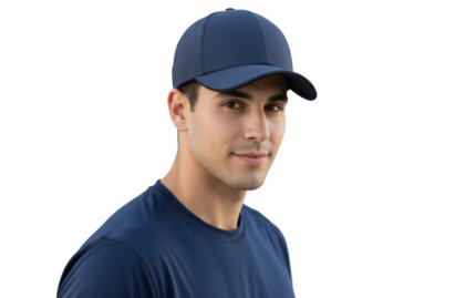 Golfer wearing a navy blue performance golf cap on the course, with a curved brim, structured front panels, and a small logo icon on the front.