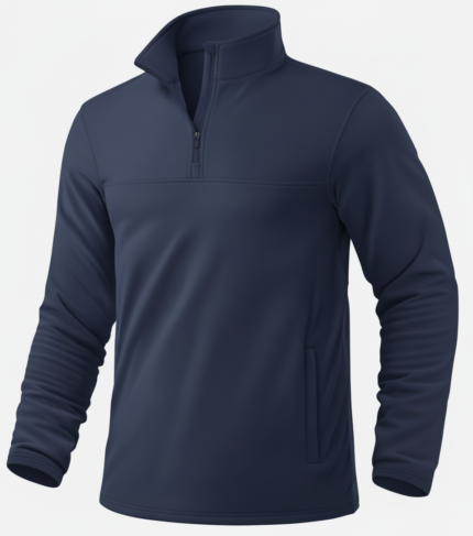 Custom men’s quarter‑zip performance pullover laid flat, featuring a stand collar, quarter zipper, and long sleeves designed for golf and athletic wear.