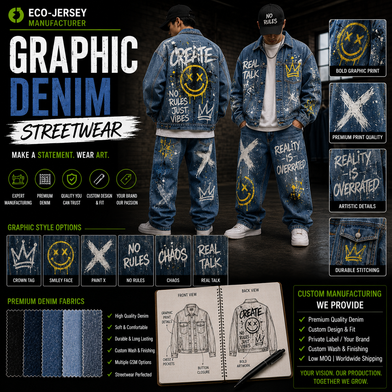 Custom graphic denim streetwear with bold graphic print designs for urban street fashion brands, manufactured by Eco Jersey Limited