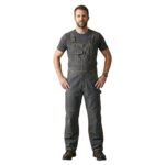 Gray men’s overalls, front product view on plain background.